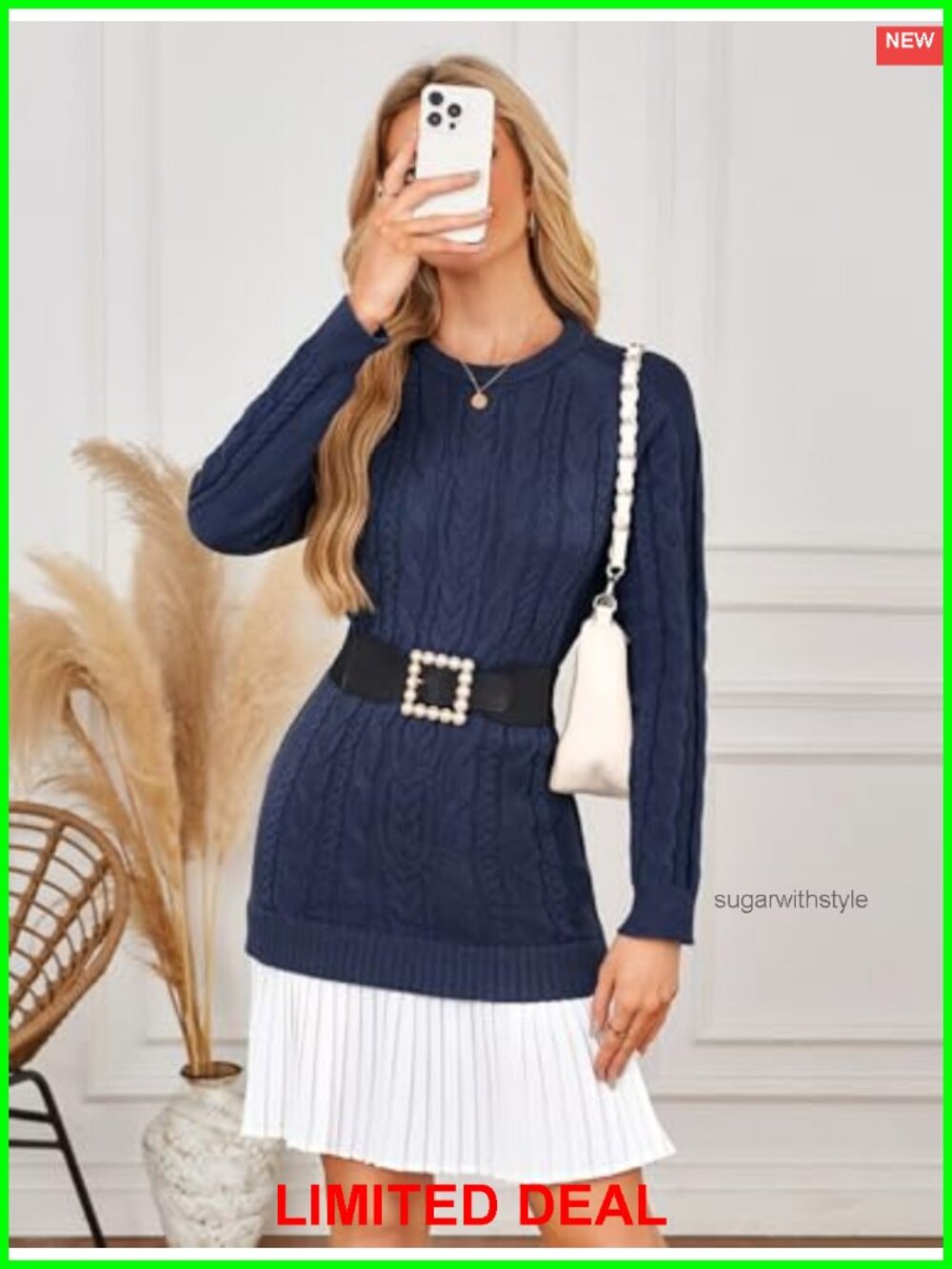 Cable Knit Sweater Dress Long Sleeve Pleated Mini - Picture 4 of 6